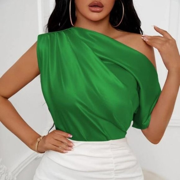 private label Tops - Asymmetrical Neck Ruched Satin Blouse Green